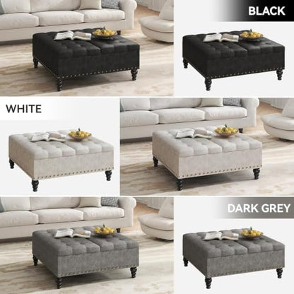 35" Ottoman Coffee Table, Storage Ottoman, Gray | Tufted Upholstered Coffee Table with Lift Top & Solid Wood Legs, Living Room