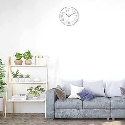 Foxtop 12" Modern Wall Clock Silent Battery Operated Analog Clock, Silver | Non Ticking, Quartz, Round, Easy to Read, Bedroom, Kitchen, Living Room, Office - color: Silver, size: 12 Inch Quartz