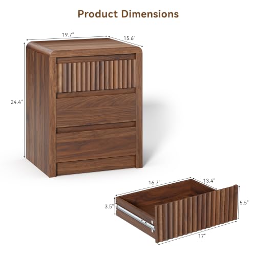 LYNSOM Fluted Nightstand Set of 2, Wood End Table with 3 Drawer, Walnut | Mid Century Modern Night Stand with Stoarge, Bedside Table with Curved Profile Design for Living Room, Office, 20" W - color: Walnut, size: 3 Drawers
