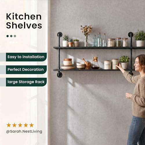 HDDFER Floating Shelves Wall Bookshelf Industrial Pipe Shelving Shelves Real Wood Planks 70 inch Rustic Wall Shelves Hanging Bookshelves Farmhouse Kitchen Bar Shelving - color: Black, size: 2Tier70in