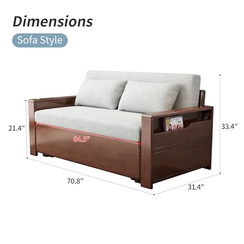 71" 3-in-1 Sleeper Pull Out Sofa, Solid Wood Walnut Frame Sectional Couch | Solid wood sofa bed, convertible to guest bed. Great for living rooms, apartments & offices. Also saves space in tiny rooms. - color: Brown-grey8, size: 71inches
