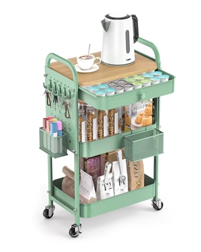 ALVOROG 3 Tier Metal Rolling Cart with Drawer,Wood Top,Pegboards,Green | Storage Utility Cart with Drawers,Pegboards,Lockable Wheels,Baskets,Hooks for Kitchen,Office,Bedroom,DIY Supplies - color: Green