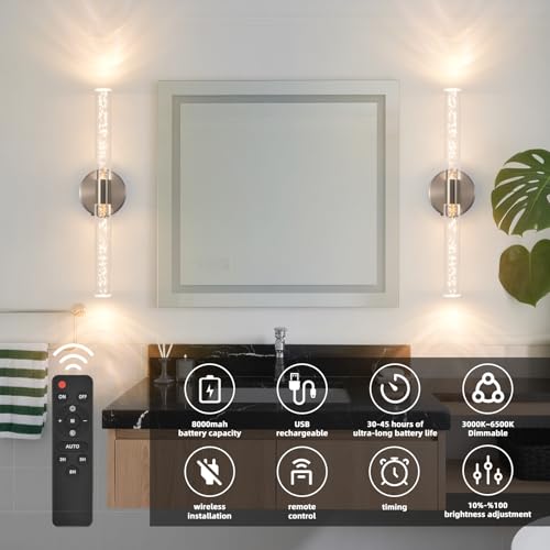 Modern LED Battery Operated Wall Sconces Set of Two, Dimmable Bathroom Crystal Wall Sconce, USB Rechargeable Brushed Nickel Vanity Wall Lamp, Bubble Wall Lights For Bedroom, Living Room. 20-Inch - color: Brushed Nickel