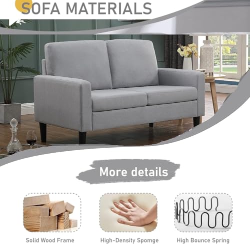 Loveseat Sofa 53" Small Spaces Sofa Couch for Offices,Dorm Room,Bedroom 2 Seater Linen Gray Small Couch, Comfy Love Seat, All-Wood Couches with High Legs, Grey - color: Grey