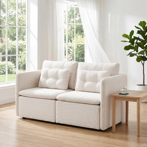 HNY 56.5" Modern Loveseat Sofa, Beige | 2-Seat Button Tufted Love Seat, Deep Seat Chenille Fabric With Pillow, Small Couch for Bedroom, Apartment, Home Furniture - color: Beige, size: Loveseat