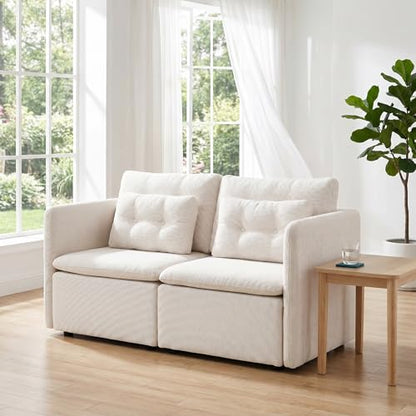 HNY 56.5" Modern Loveseat Sofa, Beige | 2-Seat Button Tufted Love Seat, Deep Seat Chenille Fabric With Pillow, Small Couch for Bedroom, Apartment, Home Furniture - color: Beige, size: Loveseat