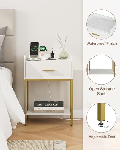 Masupu Nightstand with Charging Station,3-Tier Modern Bedside Night Stand with Storage Drawer and Shelf,Small End Side Table for Bedroom,Living Room,White - color: White