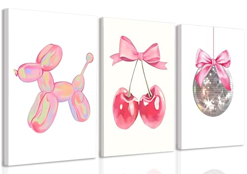 Trendy Pink Bows Canvas Wall Art Set of 3, Vintage Preppy Cherry Disco Ball Posters Wall Decor, Pink Girly Room Aesthetic Painting Prints for College Apartment Living Room Bedroom 16x24 In Framed - color: Balloon dog canvas, size: 24L"x16W"