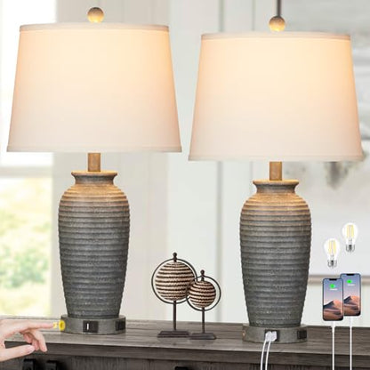 CINSARY 25" Farmhouse Jar Table Lamps Set of 2, 3 Way Touch Control Rustic Bedside Lamps with USB A+C Ports & AC Outlet, Pot Nightstand Lamps for Bedroom Living Room (LED Bulbs Included) - color: Gray