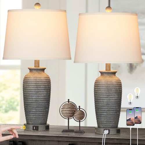 CINSARY 25" Farmhouse Jar Table Lamps Set of 2, 3 Way Touch Control Rustic Bedside Lamps with USB A+C Ports & AC Outlet, Pot Nightstand Lamps for Bedroom Living Room (LED Bulbs Included) - color: Gray