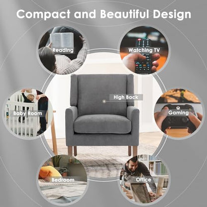 COLAMY Modern Wingback Living Room Chair Set of 2, Upholstered Fabric Accent Armchair, Single Sofa Chair with Lounge Seat and Wood Legs for Bedroom/Office/Reading Spaces, Gery - color: Grey, size: Set of 2