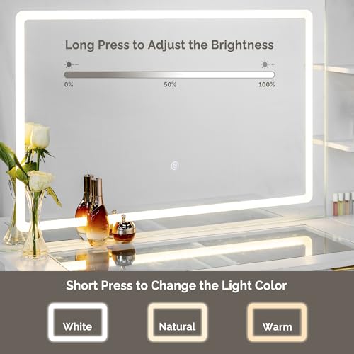 Vanity Desk with Stool, Mirror and Lights 3 Color, Makeup Vanity with Power Outlet, Dressing Table with Drawers, Storage Shelves, Adjustable Brightness, White - color: White