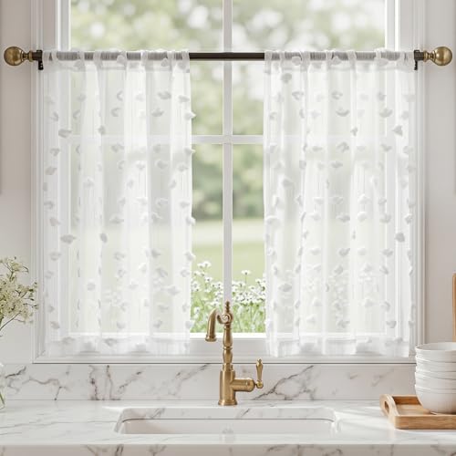 MYSKY HOME White Sheer Curtains with Pom Pom for Living Room 36x45,2 Panels | Light Filtering,Aesthetic Flowy Semi Sheer Drapes with Design,for Girls Nursery Kids Bedroom Playroom Decor,Rod Pocket - color: 1-white, size: 36"W x 45"L (Pack of 2)