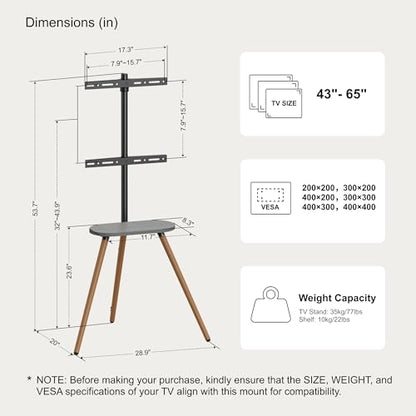 Tripod TV Stand for 43-65" TVs, Swivel, Black Walnut | Height-adjustable easel TV stand, wood media shelf, cable management and VESA up to 400x400 - color: Black, size: 43–65 Inch TVs