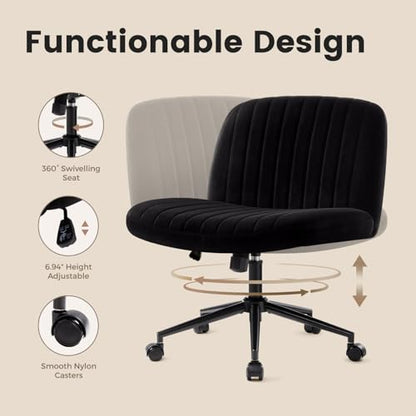 IWMH Criss Cross Office Chair with Wheels Cross Legged Desk Chair Armless | Black Computer Chair Vanity Chair Wide Seat Swivel Task Chair for Home Office Bedroom Make Up Small Space Height Adjustable - color: Black With Wheels