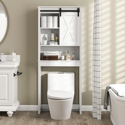 Xilingol Over The Toilet Storage Cabinet, Farmhouse Bathroom Storage Cabinet with Sliding Doors and Adjustable Shelf, Space-Saving Over Toilet Storage, White