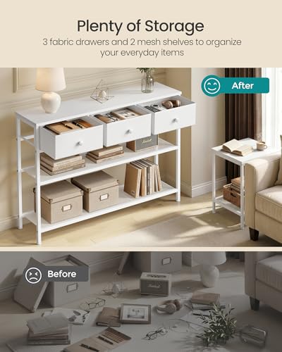 SONGMICS Console Table, Narrow Sofa Table with 2 Mesh Shelves | For Entryway, Living Room, 3 Fabric Drawers, Cloud White, BELLAH Collection ULGS098W101 - color: Cloud White, size: 11.8"D x 38.9"W x 31"H (3 Drawers)