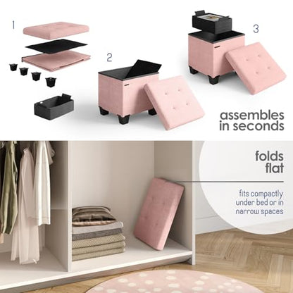 Storage Ottoman Cube with Small Bin, 15-in Square Ottoman with Storage for Living Room and Bedroom, Small Ottomans Foot Rest, Fabric Foot Stools Ottomans Max 330lbs, Pink - color: 10 - Pink