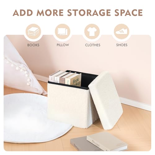 B FSOBEIIALEO Small Storage Ottoman Cube Sherpa Ottomans Foot Rest, Foldable Boucle Ottoman, Faux Teddy Fur, Cream White 12.6"x12.6"x12.6" - color: White, size: 12.6"D x 12.6"W x 12.6"H