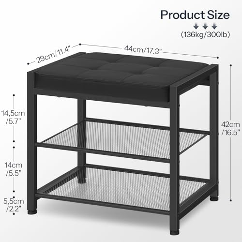 HOOBRO Small Shoe Bench, 3-Tier Shoe Rack, Shoe Storage Bench with PU Seat Cushion, Entryway Shoe Rack Bench with Metal Mesh Shelves, Freestanding Shoe Organizer for Hallway, Black BB33HX01 - color: Black