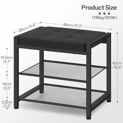 HOOBRO Small Shoe Bench, 3-Tier Shoe Rack, Shoe Storage Bench with PU Seat Cushion, Entryway Shoe Rack Bench with Metal Mesh Shelves, Freestanding Shoe Organizer for Hallway, Black BB33HX01 - color: Black