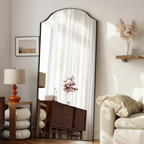 Wave Curved Top Arched Mirror Full Length, 71"x32" Large Mirror | Matte Aluminum Alloy Frame Full Body Mirror, Standing Hanging or Leaning for Bedroom and Living Room, Black - size: 71"L x 32"W
