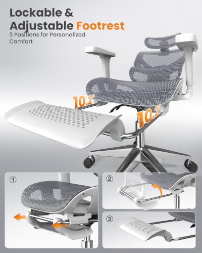 naspaluro Ergonomic Office Chair Lumbar Support High Back 350lbs Capacity | Adjustable Height Breathable Mesh Swivel Desk Chair with 3D Armrest Headrest, Footrest, PU Wheels, Comfy Computer Chair Grey - color: Grey