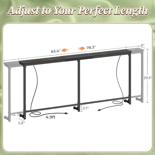 Huuger 63.4-78.3'' Extendable Behind Couch Table with Outlets, Black | Stepless Length Adjustment, 2 Power Stations with USB-C Ports, Long Console Table, Slim Sofa Table - color: Black, size: 62.9- 78.3"W x 29.5"H