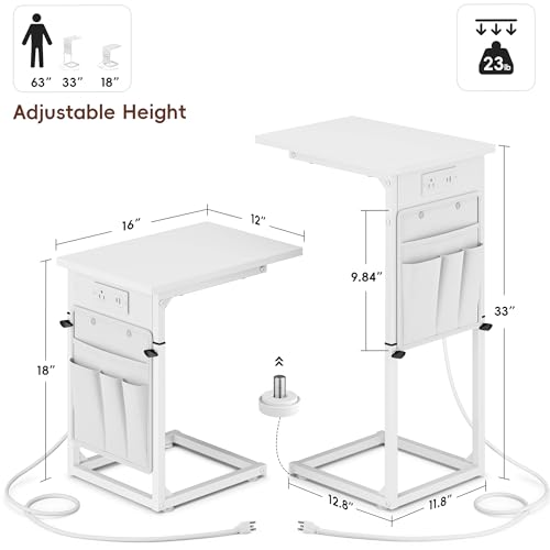 C Shaped End Table with Charging Station, Adjustable Height Side Table for Couch, Small Sofa Table for Small Spaces, Slide Under Sofa Table TV Tray Arm Tables for Living Room, Bedroom, White - color: White, style: With Plug