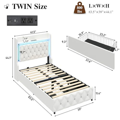 Twin Bed Frame with LED Lights & Charging Station, Upholstered Bed Frame Twin Size with Storage Headboard & 2 Drawers, Diamond Tufted, Curved Wingback, PU Leather, No Box Spring Needed, White - color: White, size: Twin