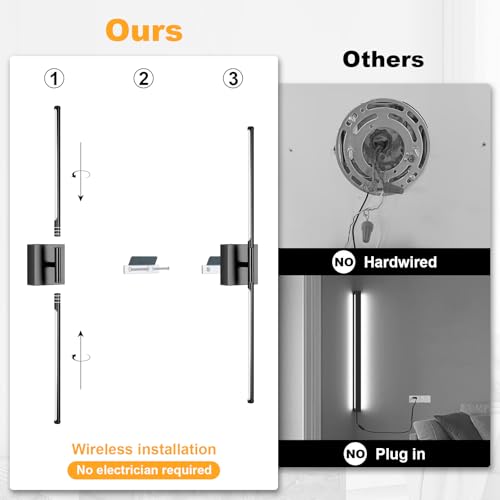 Battery Operated Wall Sconce Set of Two with Remote Control, 3000K-6000K Dimmable Black Wall Lights, Timable LED Wireless Wall Sconces, 350° Ratate for Bathroom, Living Room, Hallway 29.1 Inch - color: Black, size: 29.1in(2 Pack)