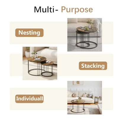 Nesting Coffee Table, 23.6" Round Coffee Table Set of 2, Wooden Nesting Table with Metal Frame, Ceter Tables for Living Room Bedroom Balcony, Brown - color: Brown