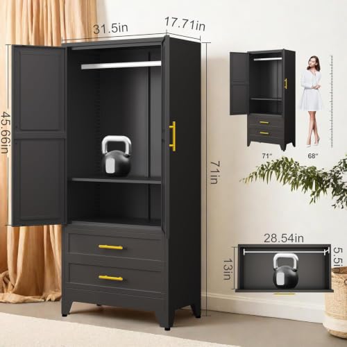 GAIOUS Metal Wardrobe Cabinet with 2 Drawers, 71" Clothing Storage Cabinets | with 2 Doors, 1 Adjustable Shelf, Steel Armoire Wardrobe Closet with Hanging Rod for Bedroom, Gym, Cloak Room (Black) - color: 2 Drawer Black, size: 17.71"D x 31.5"W x 71"H