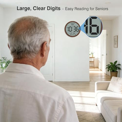 Digital Atomic Wall Clock Battery Operated, 8 Inch Large Display | Never Needs Setting Clock with Date and Temp, Auto DST, Self-Setting Time, Easy to Read for Bedroom, Living Room, Office - color: Brown