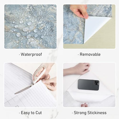 Wallercity Cream Blue Marble Contact Paper Peel and Stick Countertops Waterproof 24"x118" Kitchen Countertop Contact Paper Self Adhesive Blue Marble Wallpaper Vinyl Wrap for Cabinets Cover Bathroom - color: Blue, size: 24" x 118"