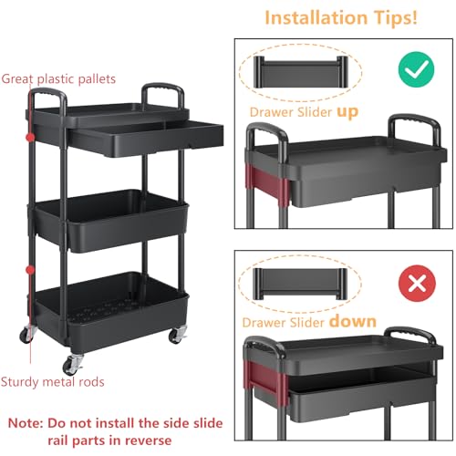 Calmootey 3-Tier Rolling Utility Cart with Drawer,Multifunctional Storage Organizer with Plastic Shelf & Metal Wheels,Storage Cart for Kitchen,Bathroom,Living Room,Office,Black | Space-Saving Organizer, Sturdy Plastic Shelves, Smooth-Rolling Metal Wheels,