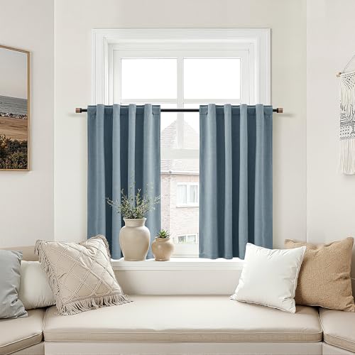 100% Blackout Kitchen Linen Curtains Back Tab 30 Inch Length Privacy Elegant Mini Cafe Curtain for Rustic Farmhouse Bathroom Thermal Insulated Bedroom Small Drape Over Sink Blue 26x30 - color: Blue, size: 26"W x 30"L (Pack of 2)