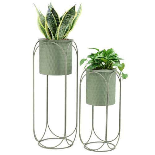 TRIROCKS Set of 2 Planters with Stand Metal Planter for Indoor Plants 26 &18" H Large Plant Pots for Living Room Corner Kitchen Office Garden Balcony Patio Decor(Green) - color: Green