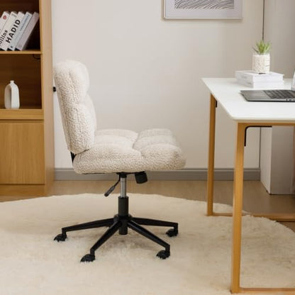 VINGLI Cute Armless Small Vanity Chair w/Plush Cushion &Fluffy Backrest, Comfy Swivel Chenille Office Desk Chair with 360° Wheels, Height Adjustable Makeup Chair for Bedroom&Dressing Room, Khaki - color: Khaki