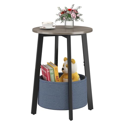 sthmec Small Round Side End Table with Cloth Storage Basket, Round Bedside Sofa Couch Coffee Tables for Small Places with Metal Frame, Modern Nighstands for Living Room Bedroom, Grey - color: Grey