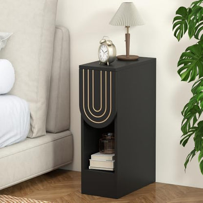 weselon Narrow Nightstand, Slim Bedside Table with Carving Lines Drawer, Mid-Century Modern Small Side End Table for Bedroom Small Space, Wooden Night Stand (1, Black) - color: Black-carved Drawer, size: 1-Pack