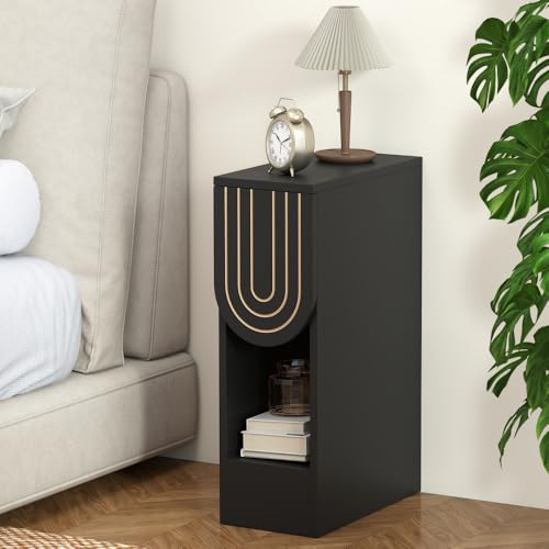 weselon Narrow Nightstand, Slim Bedside Table with Carving Lines Drawer, Mid-Century Modern Small Side End Table for Bedroom Small Space, Wooden Night Stand (1, Black) - color: Black-carved Drawer, size: 1-Pack