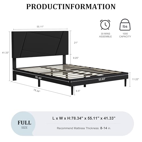 Full Size Upholstered Bed Frame Frame with Headboard，Velvet Black | Geometric Head Board Platform Bed, Sturdy Wooden Slats, Noiseless No Box Spring Required, Easy to Assemble - color: Black, size: Full