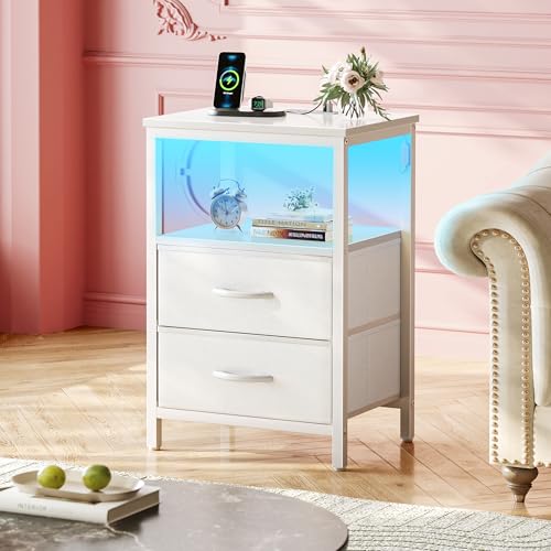 Huuger Night Stand with Charger Station and LED Lights, 2 Drawer Nightstand | Bed Side Table with Open ShelfEnd TableFabric Dresser for Bedroom, PU Leather, White - color: White, size: 11.8"D x 15.7"W x 23.6"H（2 Drawers）