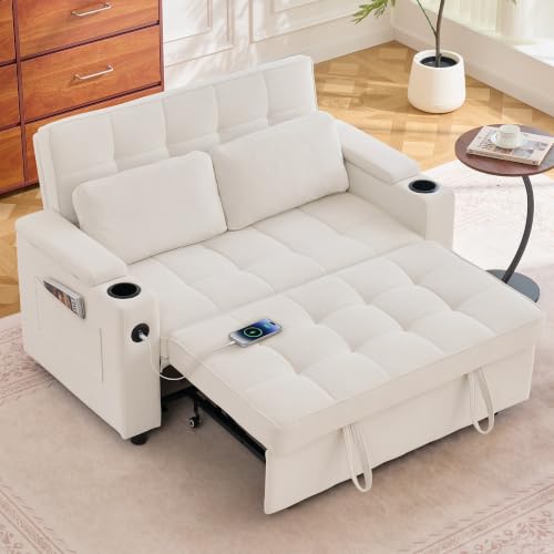 Korser 55.5'' 3-in-1 Convertible Sofa Bed, Pull Out Couch with 5-Position Adjustable Backrest, Loveseat Sleeper Sofa for Small Spaces, Sofa Couch with Cup Holders for Living Room, Office, Chenille - color: Beige