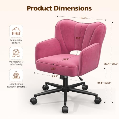 DurayLoly Desk Chair with Shell Back & 360° Swivel Wheels | Comfy Velet Vanity Chair,Adjustable Height,Stylish and Comfortable for Makeup, Work & Relaxation,Dusty Rose - color: Dusty Rose