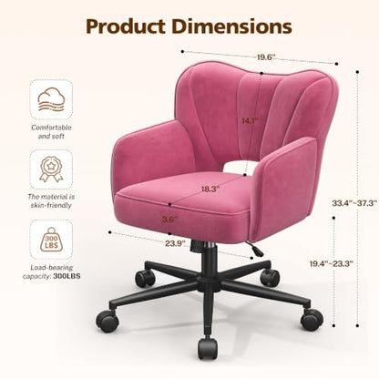 DurayLoly Desk Chair with Shell Back & 360° Swivel Wheels | Comfy Velet Vanity Chair,Adjustable Height,Stylish and Comfortable for Makeup, Work & Relaxation,Dusty Rose - color: Dusty Rose