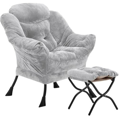 Youtanic Lazy Chair with Folding Ottoman, Accent Chair Plush Upholstered with Metal Structure and Non-Slip Pads, Sofa Armchair with Footrest and Side Storage Bag for Dorm, Room, Office, Light Gray - color: Plush Light Gray