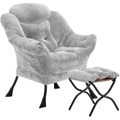 Youtanic Lazy Chair with Folding Ottoman, Accent Chair Plush Upholstered with Metal Structure and Non-Slip Pads, Sofa Armchair with Footrest and Side Storage Bag for Dorm, Room, Office, Light Gray - color: Plush Light Gray