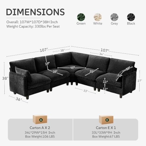 Ihanherry 107" Oversized V-Shaped Modular Sectional Sofa, Cloud Couch with Corner Section, Large Cushions, Chenille Deep Seat Couch for Living Room, Black - color: Black, size: 107” 5 Seat V Sofa